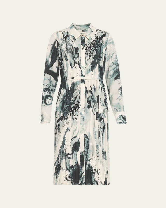 Brushstroke Print Box Pleated Shirtdress With Belt